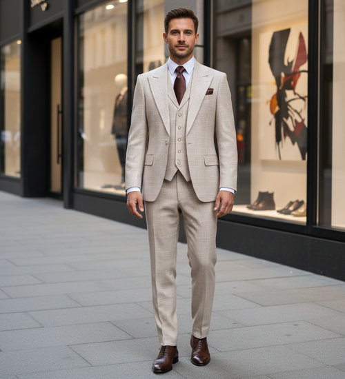 Men’s Cream Beige Windowpane 3-Piece Suit Set – Premium Tailored Fit Formal Wedding & Event Plaid Suit Light Cream Sand Color By Rossiman RM2314
