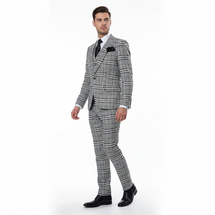 Men’s Black & White Plaid 3-Piece Suit Set – Premium Slim Tailored Fit Formal Wedding, Party & Business Suit by Rossiman RM2310