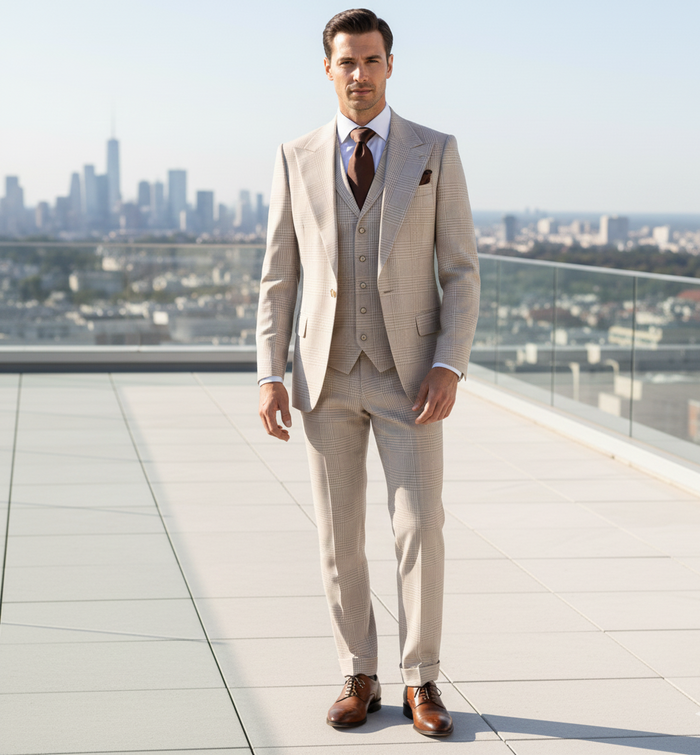 Men’s Cream Beige Windowpane 3-Piece Suit Set – Premium Tailored Fit Formal Wedding & Event Plaid Suit Light Cream Sand Color By Rossiman RM2314
