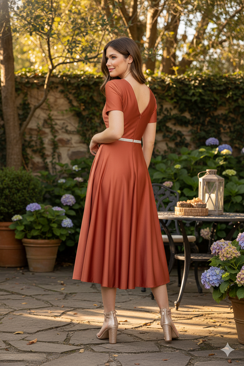 Lenovia 5274 V-Neck Short Sleeve Midi Cocktail Dress with Rhinestone Waist Formal & Wedding Guest Attire