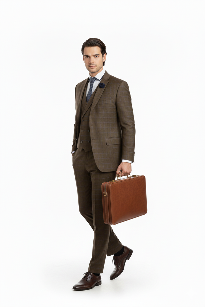 "Elevate Your Prom and Wedding Style: Vinci Men's Taupe Plaid Double-Breasted Suit Vest"
