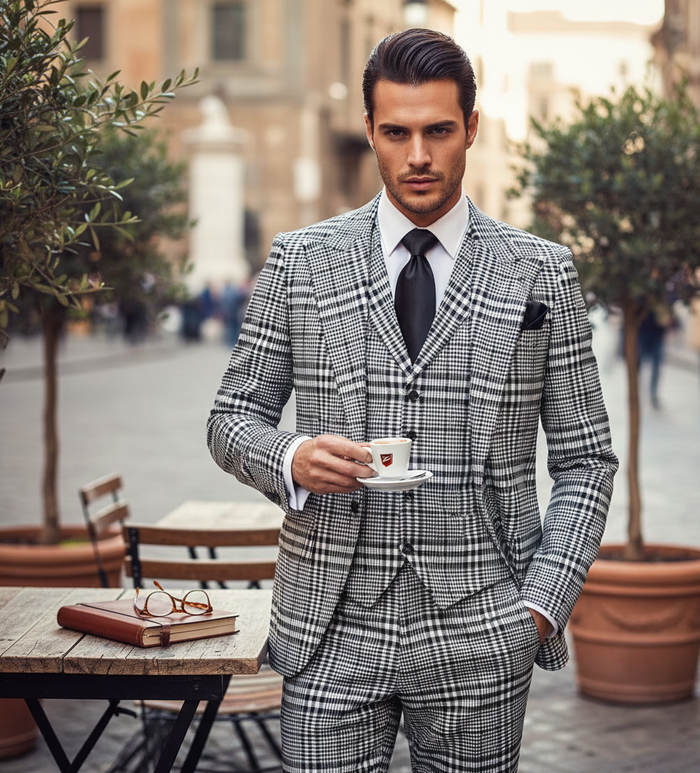 Men’s Black & White Plaid 3-Piece Suit Set – Premium Slim Tailored Fit Formal Wedding, Party & Business Suit by Rossiman RM2310