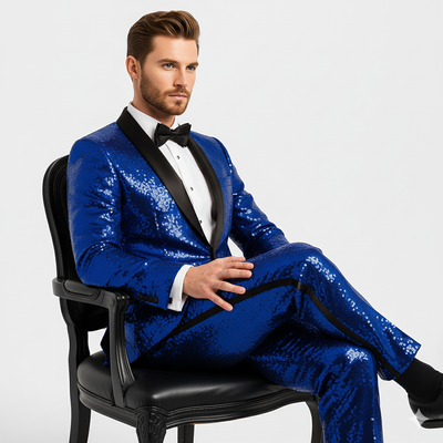 Sequin Suit - Shiny Suit - Royal Blue Suit - Metallic Fabric suit - Stage Tuxedo - Groom Suit Jacket + Pants