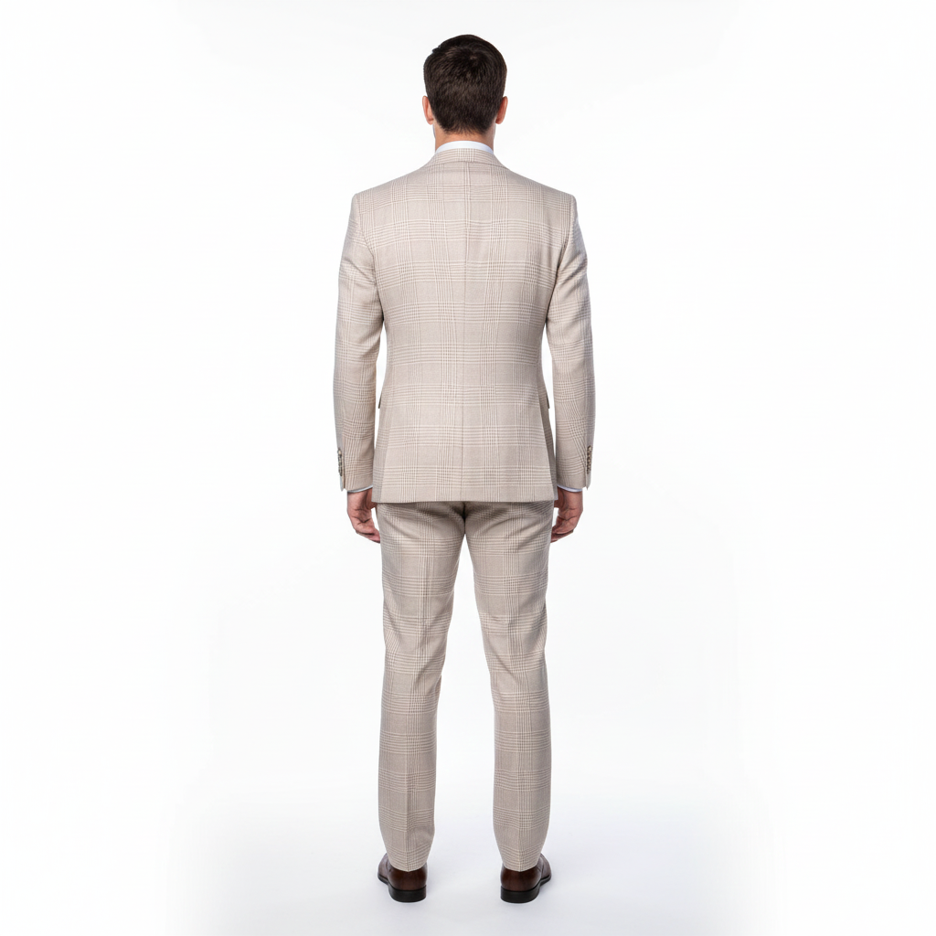 Men’s Cream Beige Windowpane 3-Piece Suit Set – Premium Tailored Fit Formal Wedding & Event Plaid Suit Light Cream Sand Color By Rossiman RM2314