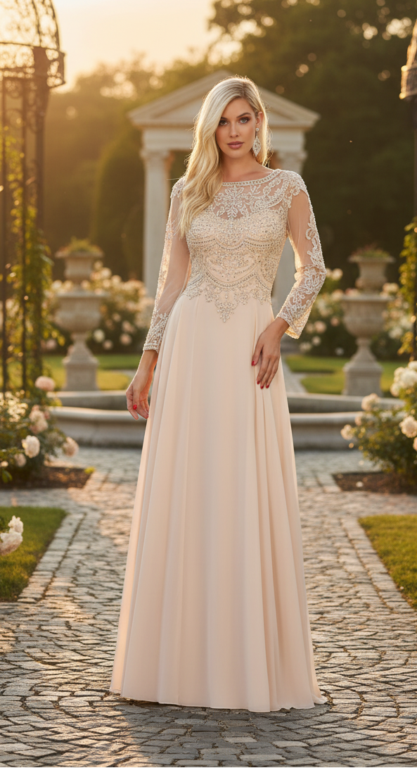 Mother of the Bride Dress 3/4 Long Sleeves Chiffon A-Line Evening Gown-New Collection
