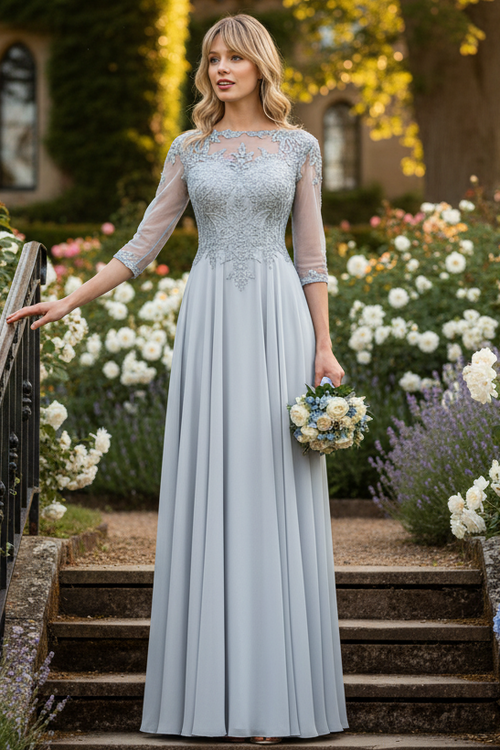 Embroidered 3/4 Sleeve Mother Of The Bride Dress Modest Evening Gown
