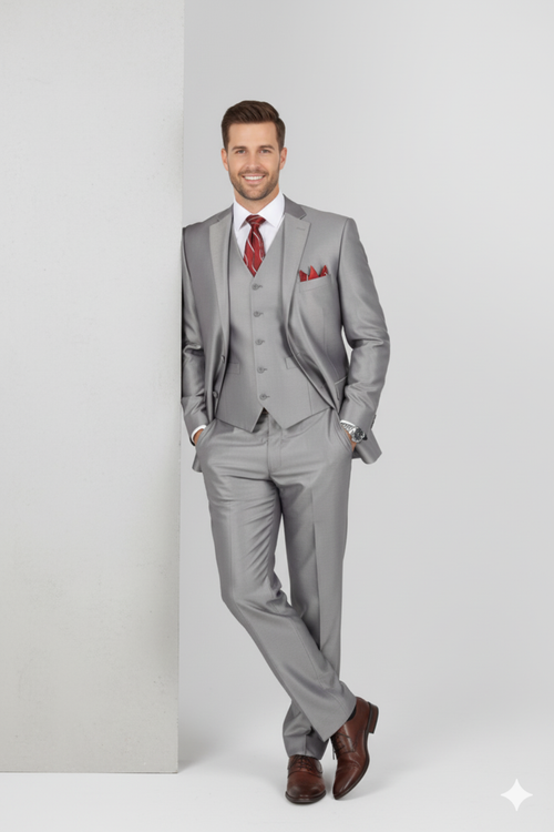Mens Classic Vested Shiny Sharkskin Suit in Grey