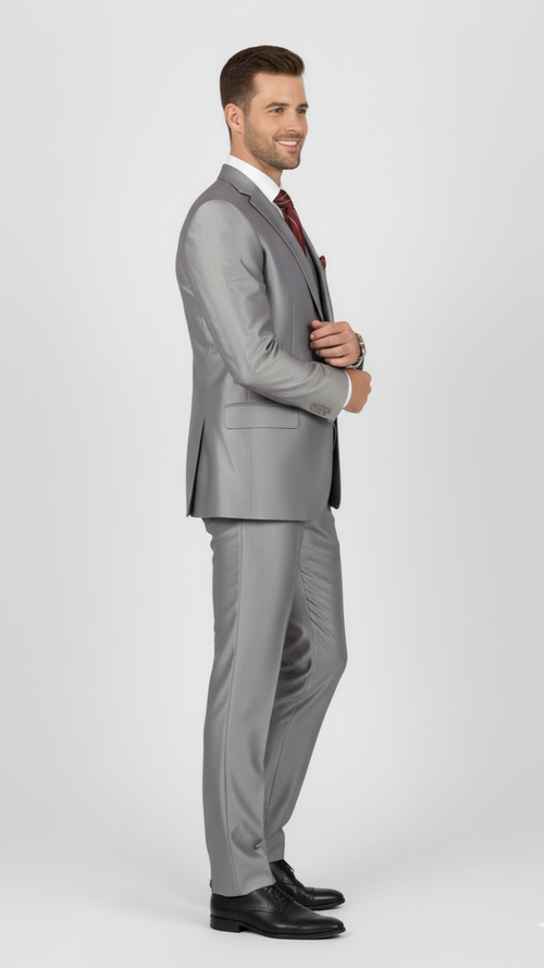 Mens Classic Vested Shiny Sharkskin Suit in Grey