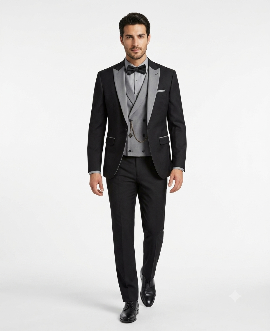 Men’s Black And White Lapel 3 Piece Tuxedo Suit with Silver Gray Satin Lapel | Formal Wedding Prom Suit Set