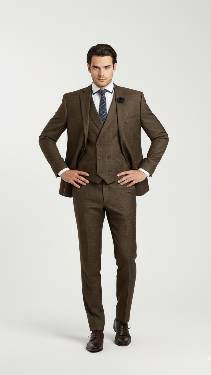 "Elevate Your Prom and Wedding Style: Vinci Men's Taupe Plaid Double-Breasted Suit Vest"