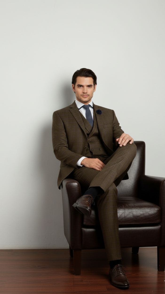 "Elevate Your Prom and Wedding Style: Vinci Men's Taupe Plaid Double-Breasted Suit Vest"