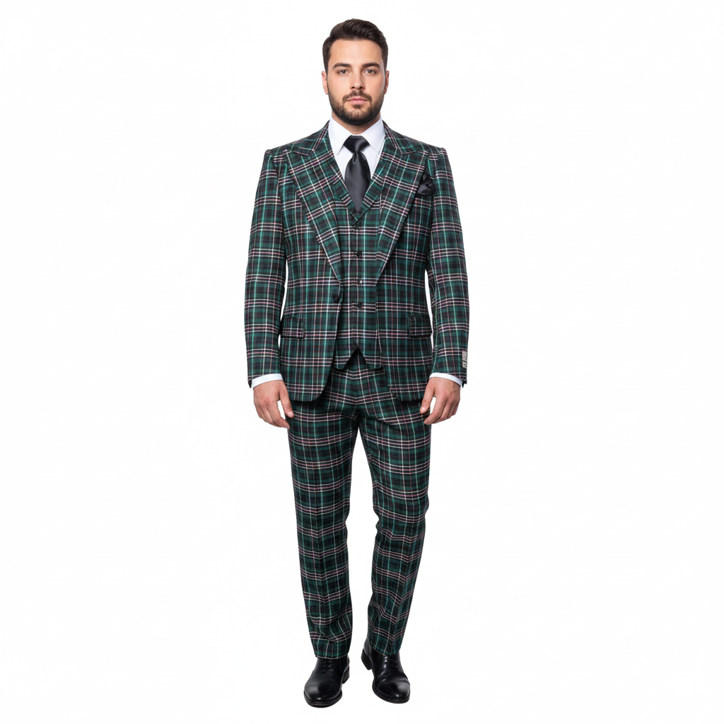 Men’s Green Tartan Plaid 3-Piece Suit Set – Premium Regular Fit Formal Check Pattern Wedding & Holiday Event Suit By Rossiman RM2311 – SuitUSA