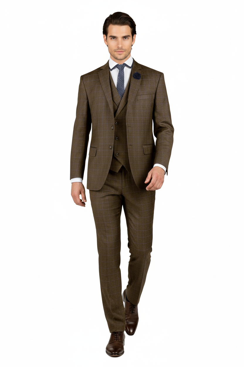 "Elevate Your Prom and Wedding Style: Vinci Men's Taupe Plaid Double-Breasted Suit Vest"