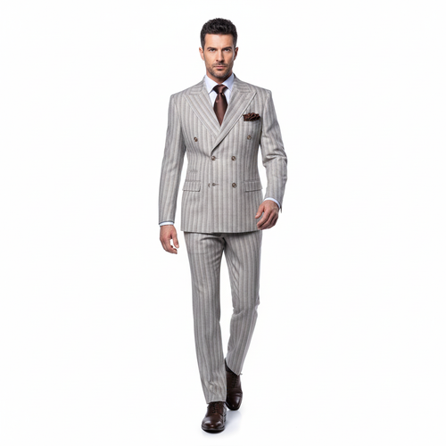 Men’s Brown Pinstripe Double-Breasted 2-Piece Suit – Slim Fit Premium Fabric Formal Business & Wedding Outfit By Rossi Man RM1845