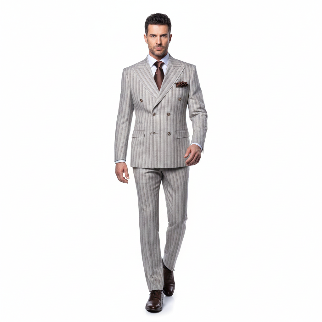 Men’s Brown Pinstripe Double-Breasted 2-Piece Suit – Slim Fit Premium Fabric Formal Business & Wedding Outfit By Rossi Man RM1845