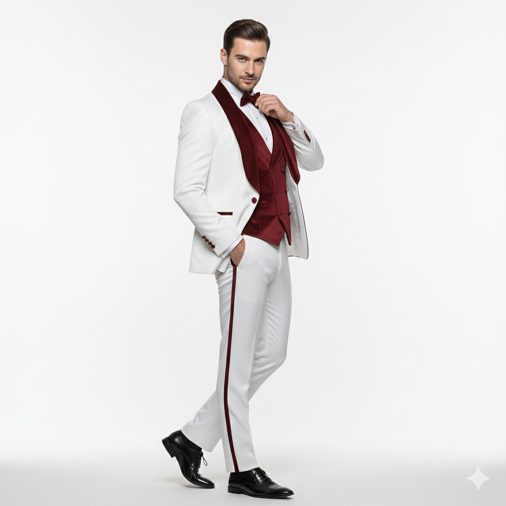 White with Burgundy Velvet Lapel 3-Piece Tailored-Fit Tuxedo