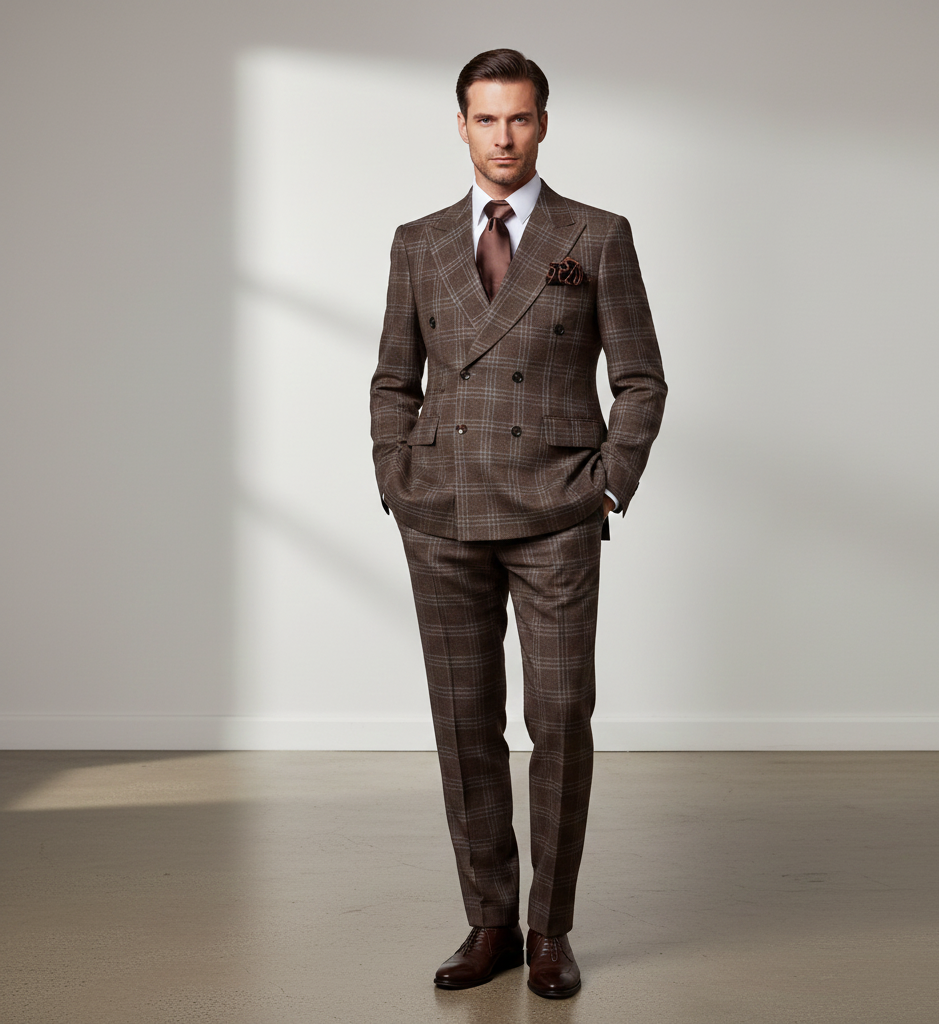 Men’s Brown Windowpane Double-Breasted 2-Piece Suit – Classic Tailored Fit Business & Formal Check Suit By Rossiman RM1798