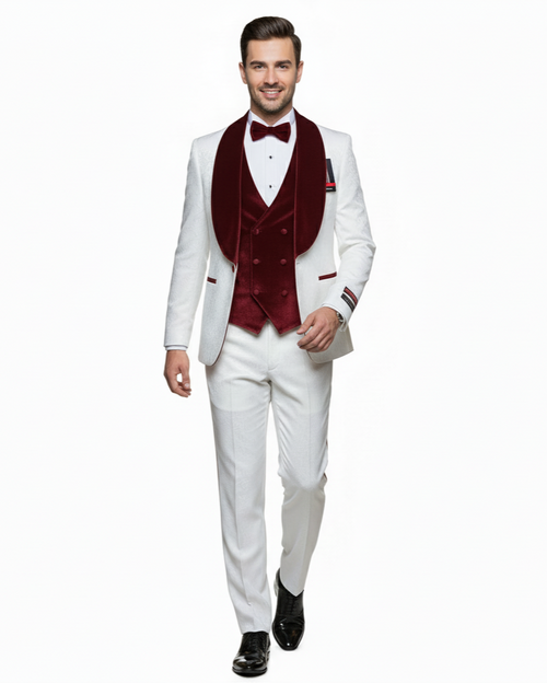 White with Burgundy Velvet Lapel 3-Piece Tailored-Fit Tuxedo
