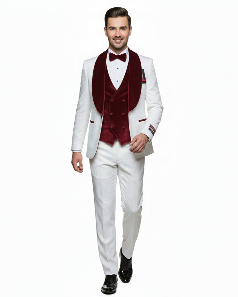 White with Burgundy Velvet Lapel 3-Piece Tailored-Fit Tuxedo