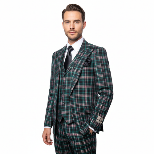 Men’s Green Tartan Plaid 3-Piece Suit Set – Premium Regular Fit Formal Check Pattern Wedding & Holiday Event Suit By Rossiman RM2311