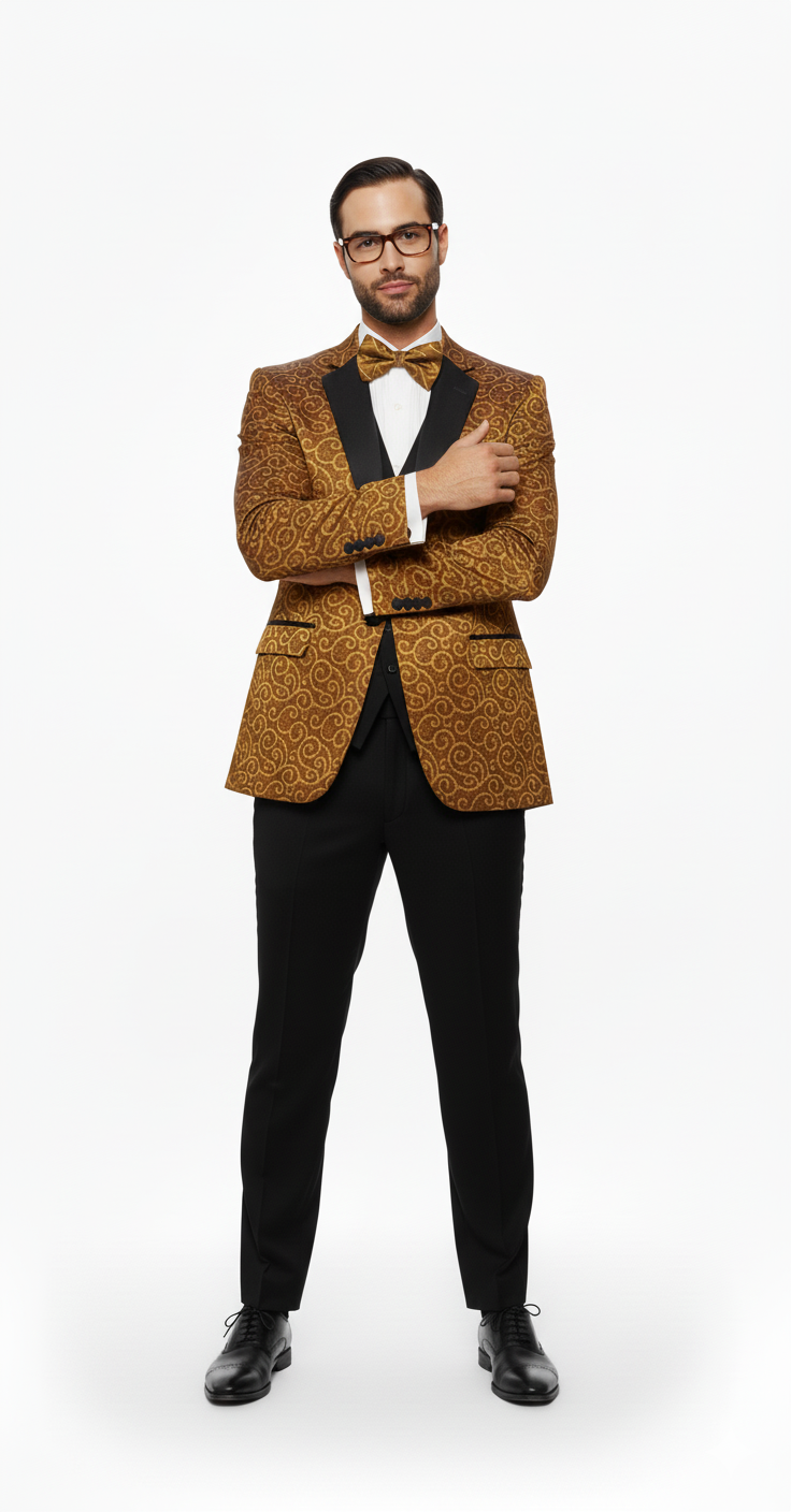 Big and Tall Size Tuxedo Dinner Jacket - Paisley Fabric Blazer in Color Gold