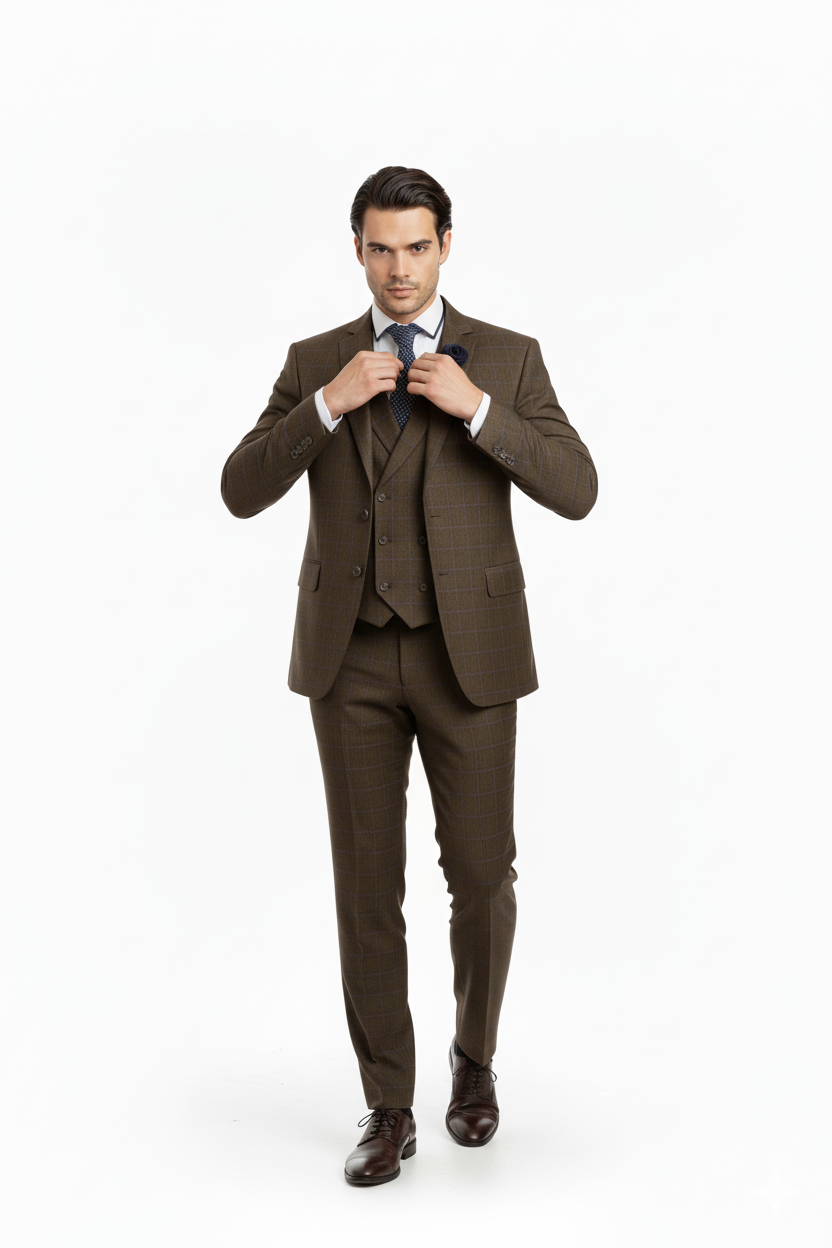 "Elevate Your Prom and Wedding Style: Vinci Men's Taupe Plaid Double-Breasted Suit Vest"