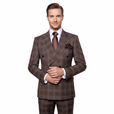 Men’s Brown Windowpane Double-Breasted 2-Piece Suit – Classic Tailored Fit Business & Formal Check Suit By Rossiman RM1798