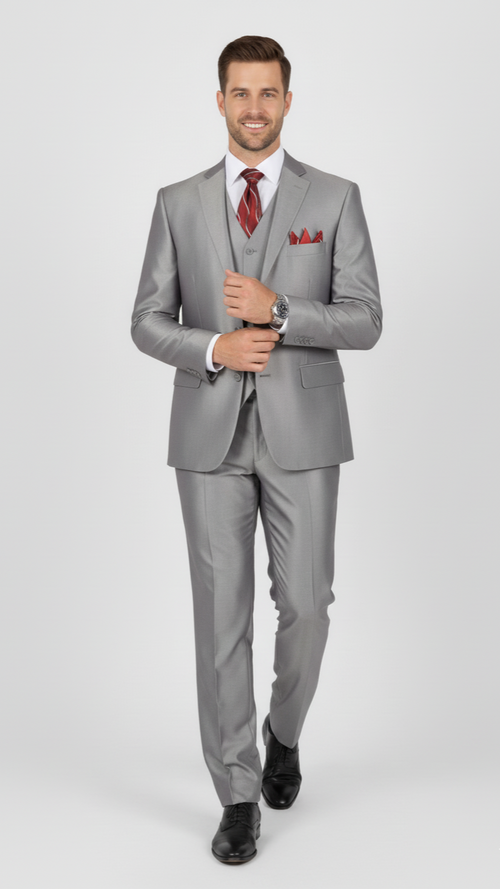 Mens Classic Vested Shiny Sharkskin Suit in Grey