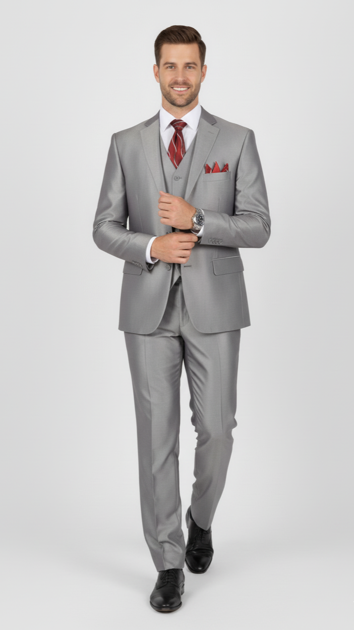 Mens Classic Vested Shiny Sharkskin Suit in Grey