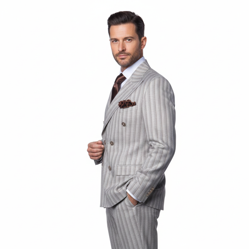 Men’s Brown Pinstripe Double-Breasted 2-Piece Suit – Slim Fit Premium Fabric Formal Business & Wedding Outfit By Rossi Man RM1845