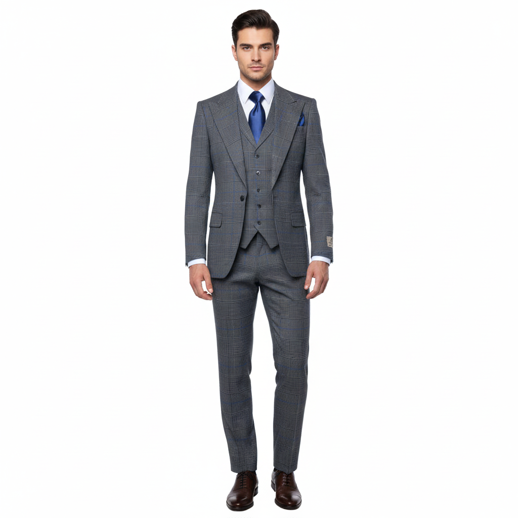Men’s Grey Super 150’s Wool 3-Piece Suit – Elite Contour Fit Wide-Lapel One-Button Luxury Formal Outfit By Rossi Man RM2312