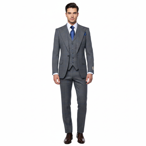 Men’s Grey Super 150’s Wool 3-Piece Suit – Elite Contour Fit Wide-Lapel One-Button Luxury Formal Outfit By Rossi Man RM2315
