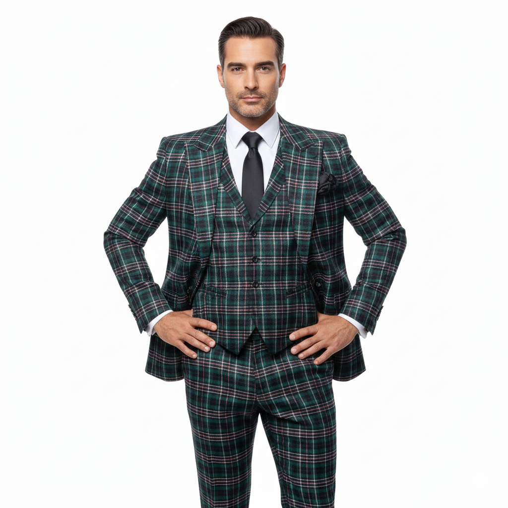 Men’s Green Tartan Plaid 3-Piece Suit Set – Premium Regular Fit Formal Check Pattern Wedding & Holiday Event Suit By Rossiman RM2311