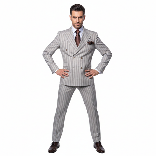 Men’s Brown Pinstripe Double-Breasted 2-Piece Suit – Slim Fit Premium Fabric Formal Business & Wedding Outfit By Rossi Man RM1845