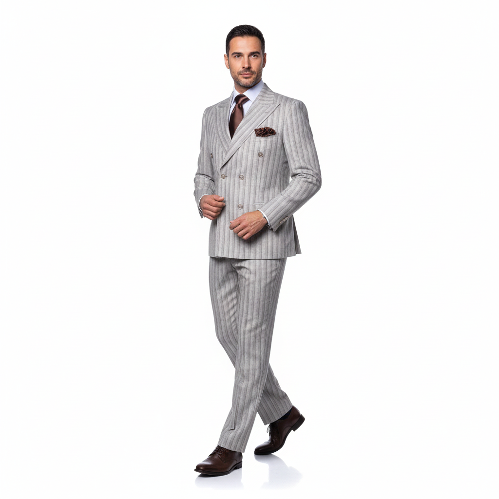 Men’s Brown Pinstripe Double-Breasted 2-Piece Suit – Slim Fit Premium Fabric Formal Business & Wedding Outfit By Rossi Man RM1845