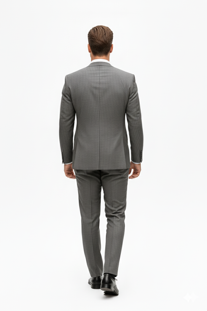 "Elevate Your Prom or Wedding Style: Vinci's Classic Pinstripe Suit with Pleated Pants in Sophisticated Gray"