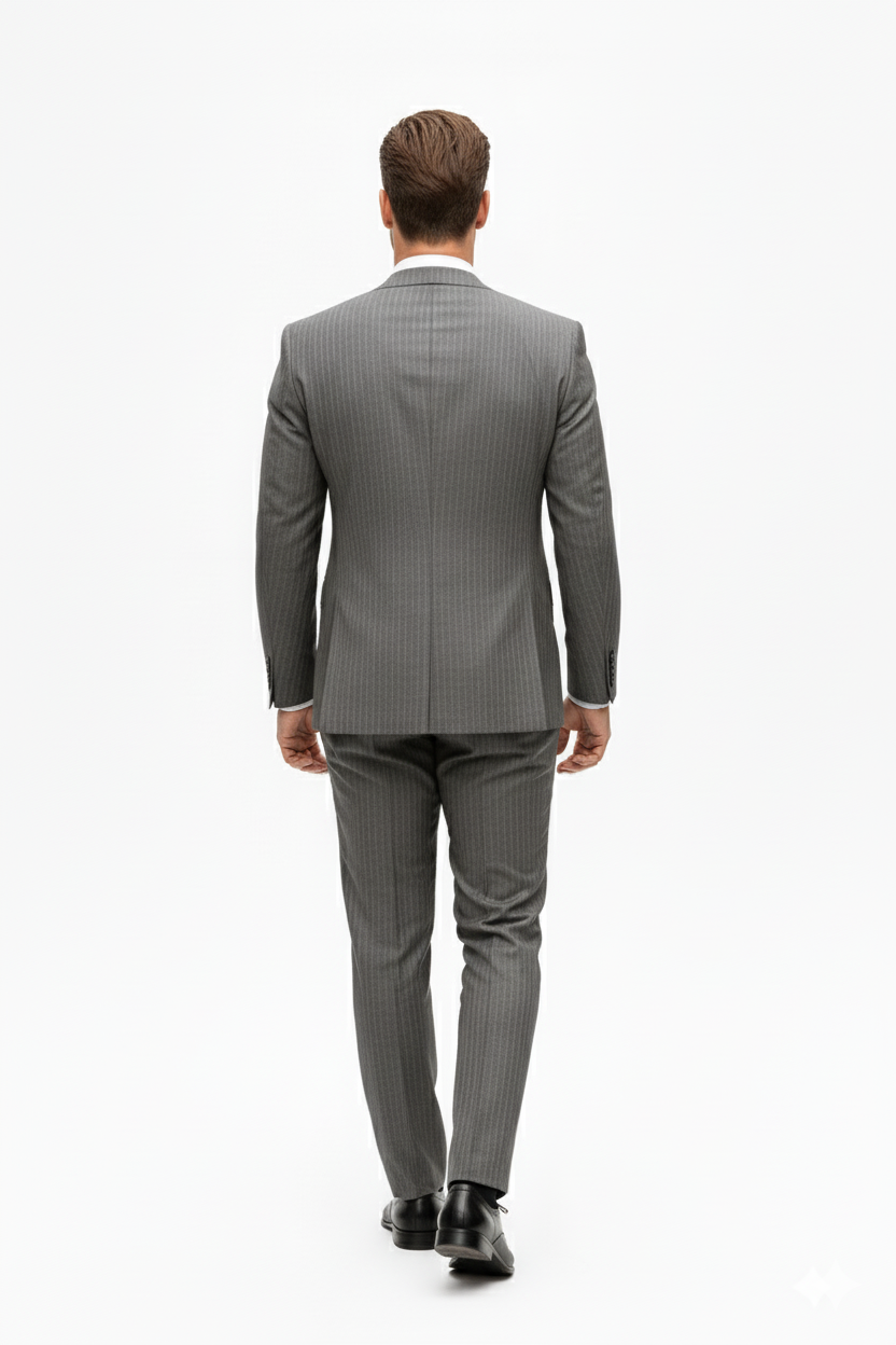 "Elevate Your Prom or Wedding Style: Vinci's Classic Pinstripe Suit with Pleated Pants in Sophisticated Gray"