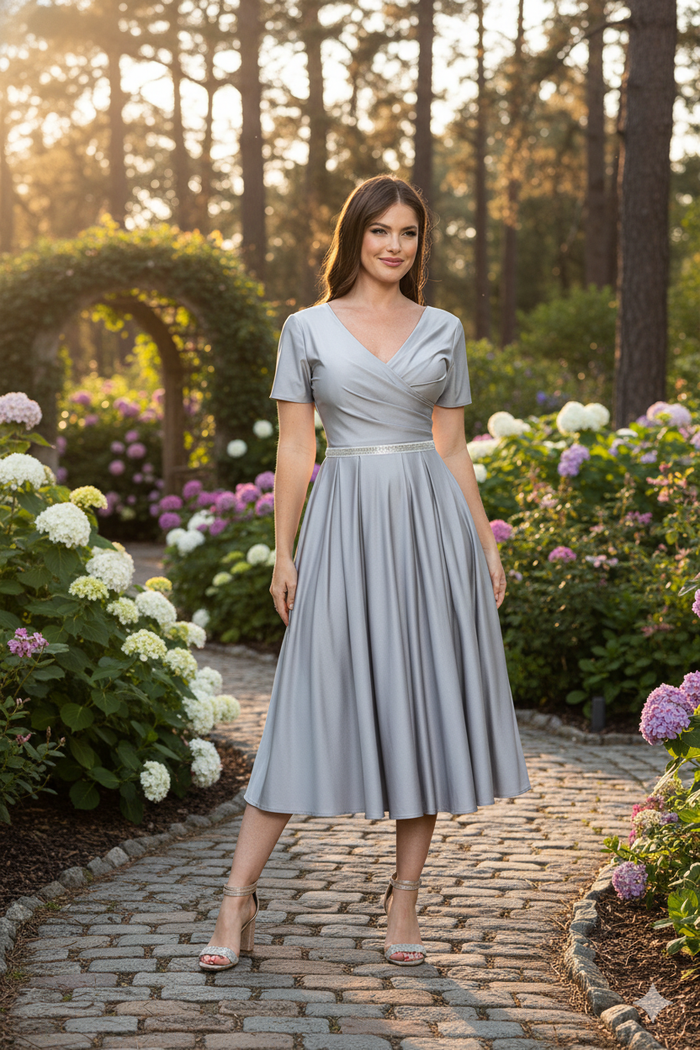 Lenovia 5274 V-Neck Short Sleeve Midi Cocktail Dress with Rhinestone Waist Formal & Wedding Guest Attire