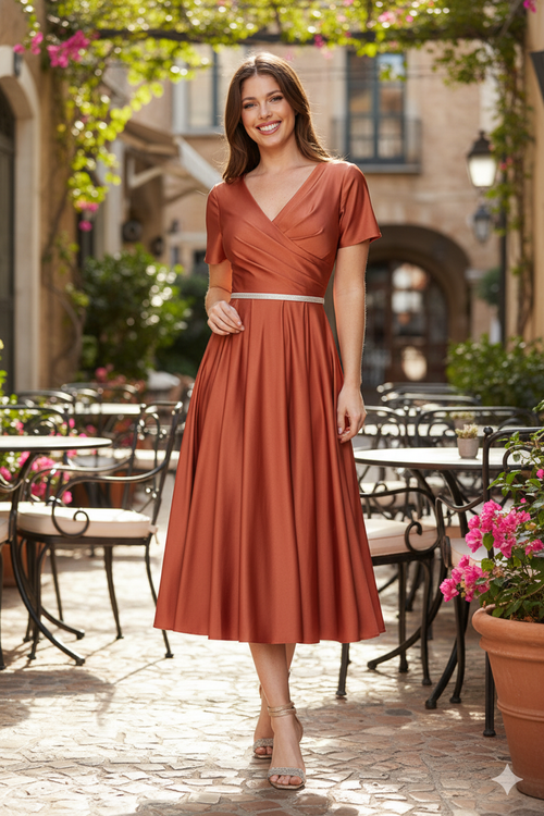 Lenovia 5274 V-Neck Short Sleeve Midi Cocktail Dress with Rhinestone Waist Formal & Wedding Guest Attire