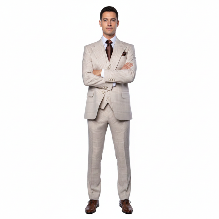 Men’s Cream Beige Windowpane 3-Piece Suit Set – Premium Tailored Fit Formal Wedding & Event Plaid Suit Light Cream Sand Color By Rossiman RM2314