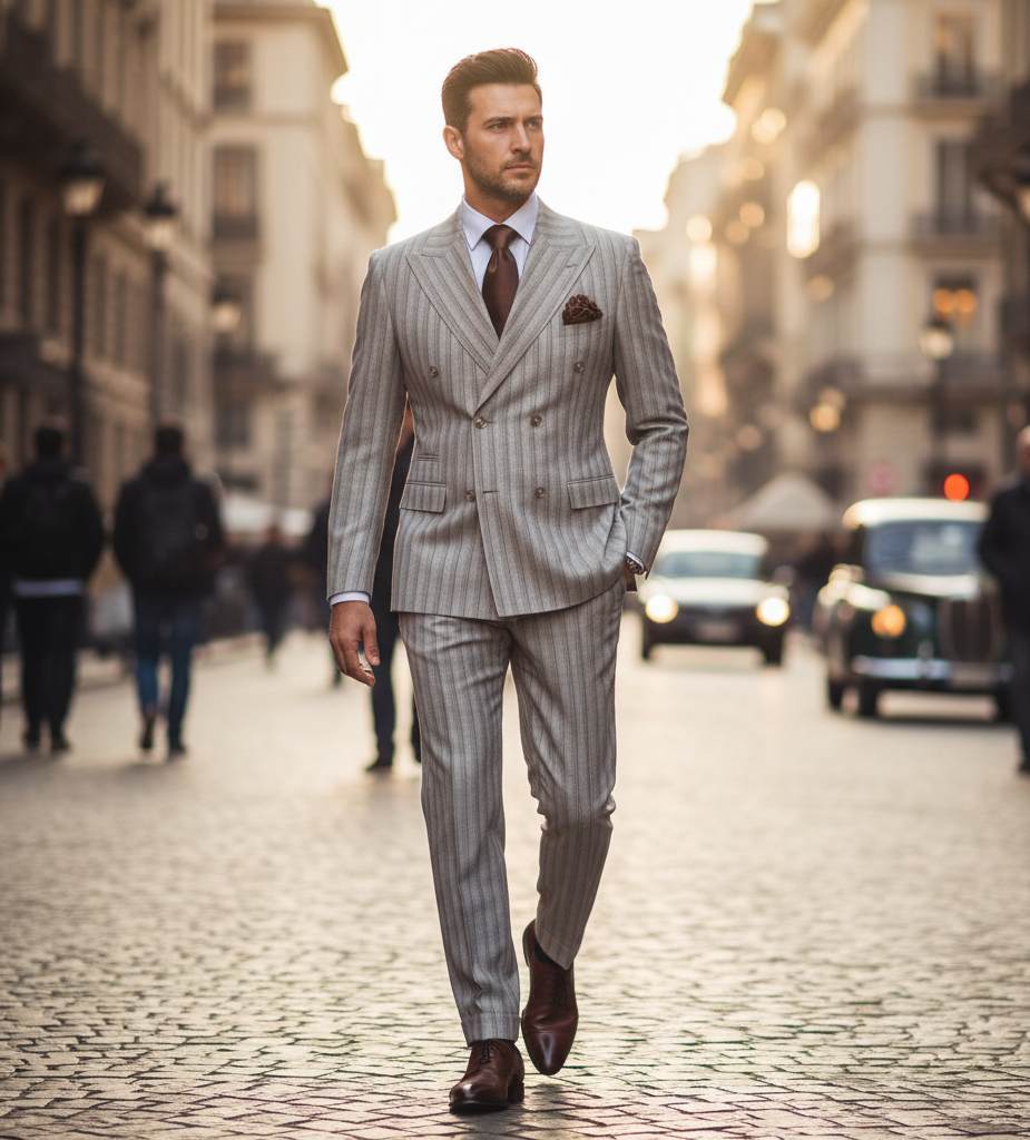 Men’s Brown Pinstripe Double-Breasted 2-Piece Suit – Slim Fit Premium Fabric Formal Business & Wedding Outfit By Rossi Man RM1845