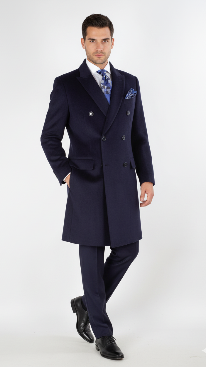 "Sophisticated Navy Wool Overcoat for Prom Nights and Wedding Celebrations"