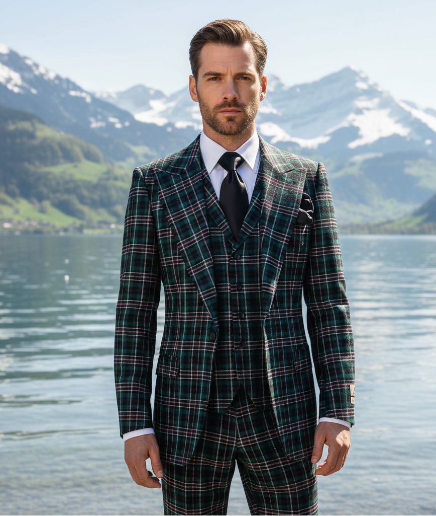 Men’s Green Tartan Plaid 3-Piece Suit Set – Premium Regular Fit Formal Check Pattern Wedding & Holiday Event Suit By Rossiman RM2311