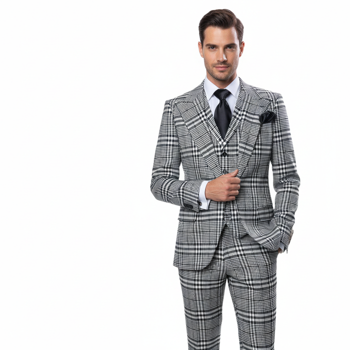 Men’s Black & White Plaid 3-Piece Suit Set – Premium Slim Tailored Fit Formal Wedding, Party & Business Suit by Rossiman RM2310