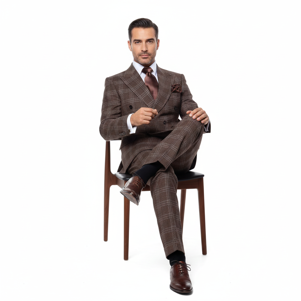 Men’s Brown Windowpane Double-Breasted 2-Piece Suit – Classic Tailored Fit Business & Formal Check Suit By Rossiman RM1798