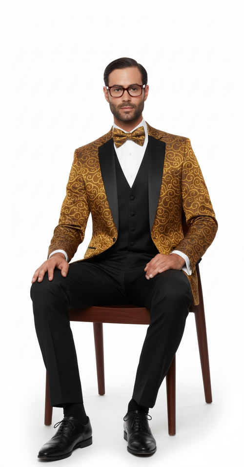 Big and Tall Size Tuxedo Dinner Jacket - Paisley Fabric Blazer in Color Gold