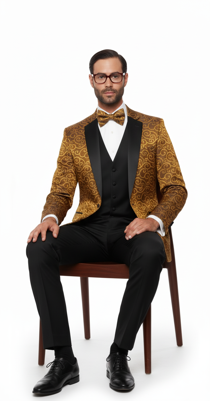 Big and Tall Size Tuxedo Dinner Jacket - Paisley Fabric Blazer in Color Gold