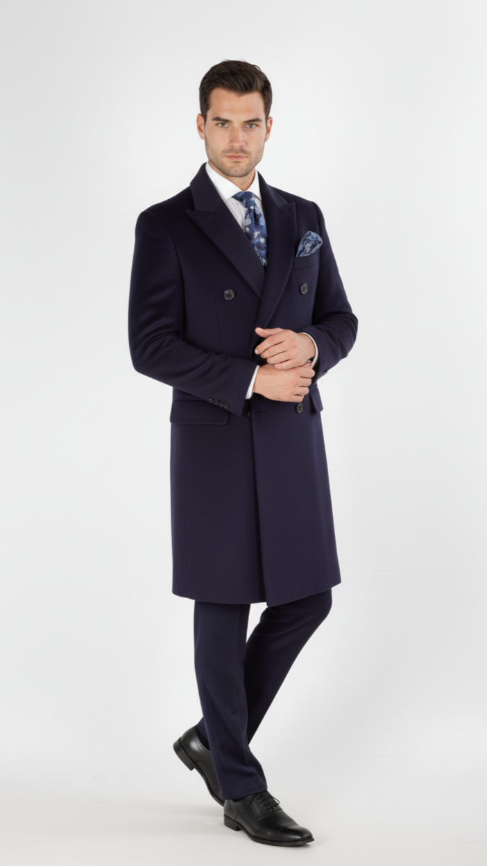 "Sophisticated Navy Wool Overcoat for Prom Nights and Wedding Celebrations"