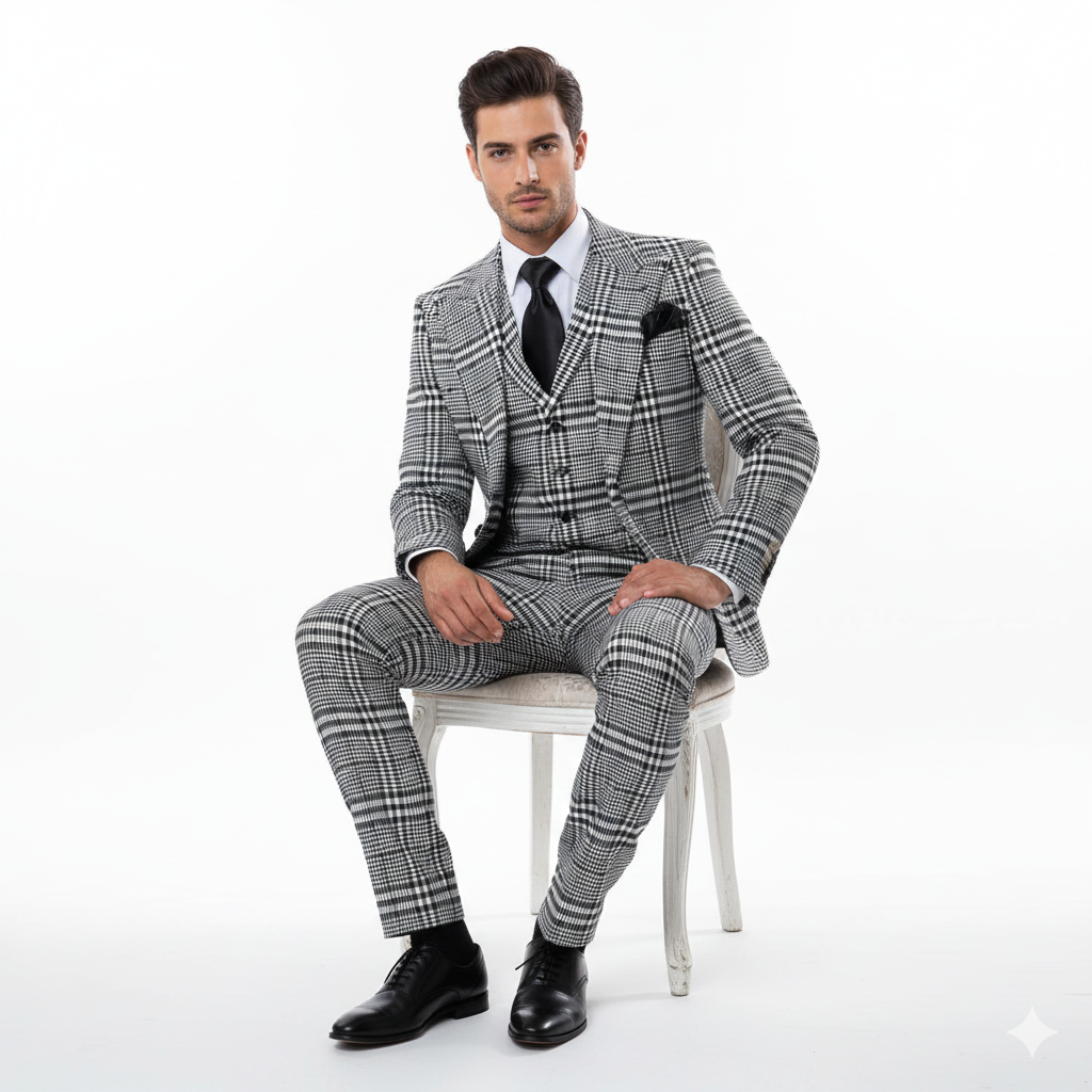 Men’s Black & White Plaid 3-Piece Suit Set – Premium Slim Tailored Fit Formal Wedding, Party & Business Suit by Rossiman RM2310
