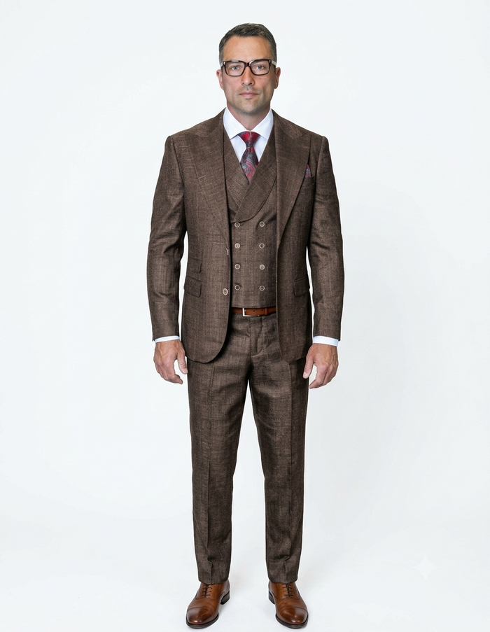 Mens Ticket Pocket Peak Lapel Double breasted Vest 100% Wool Tom Ford Style Modern Fit in Color "Brown" By Statement